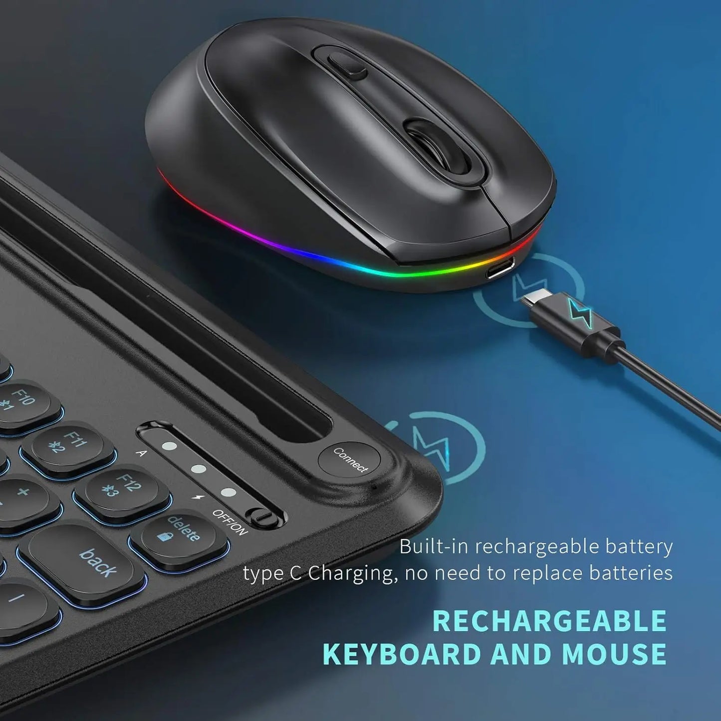 RGB Blacklit Bluetooth Wireless Keyboard and Mouse Combo for Mac OS iPad iPad Air iPad Pro Tablet Android Mobile Phone Laptop PC
