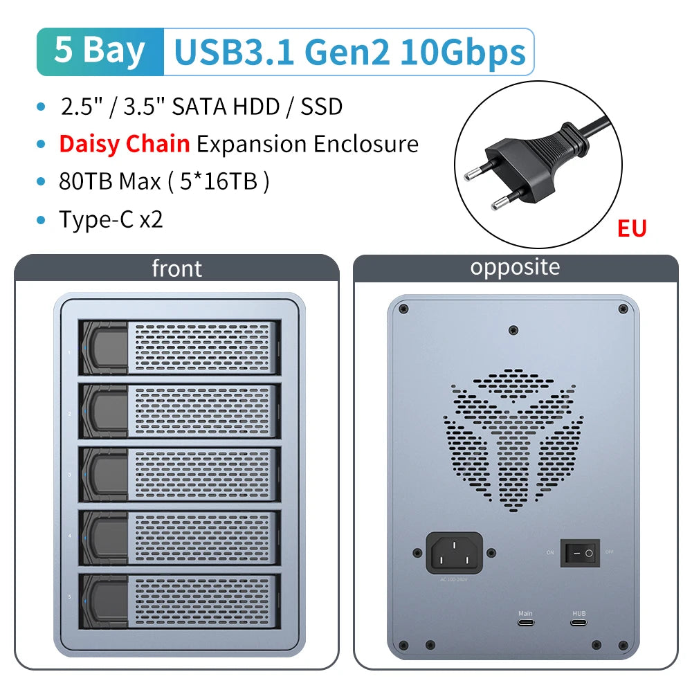 Yottamaster 10Gbps 2.5"3.5" inch SATA HDD SSD Enclosure 150W Hard Disk External Case USB3.1 Gen2 80TB Daisy Chain 270TB for NAS