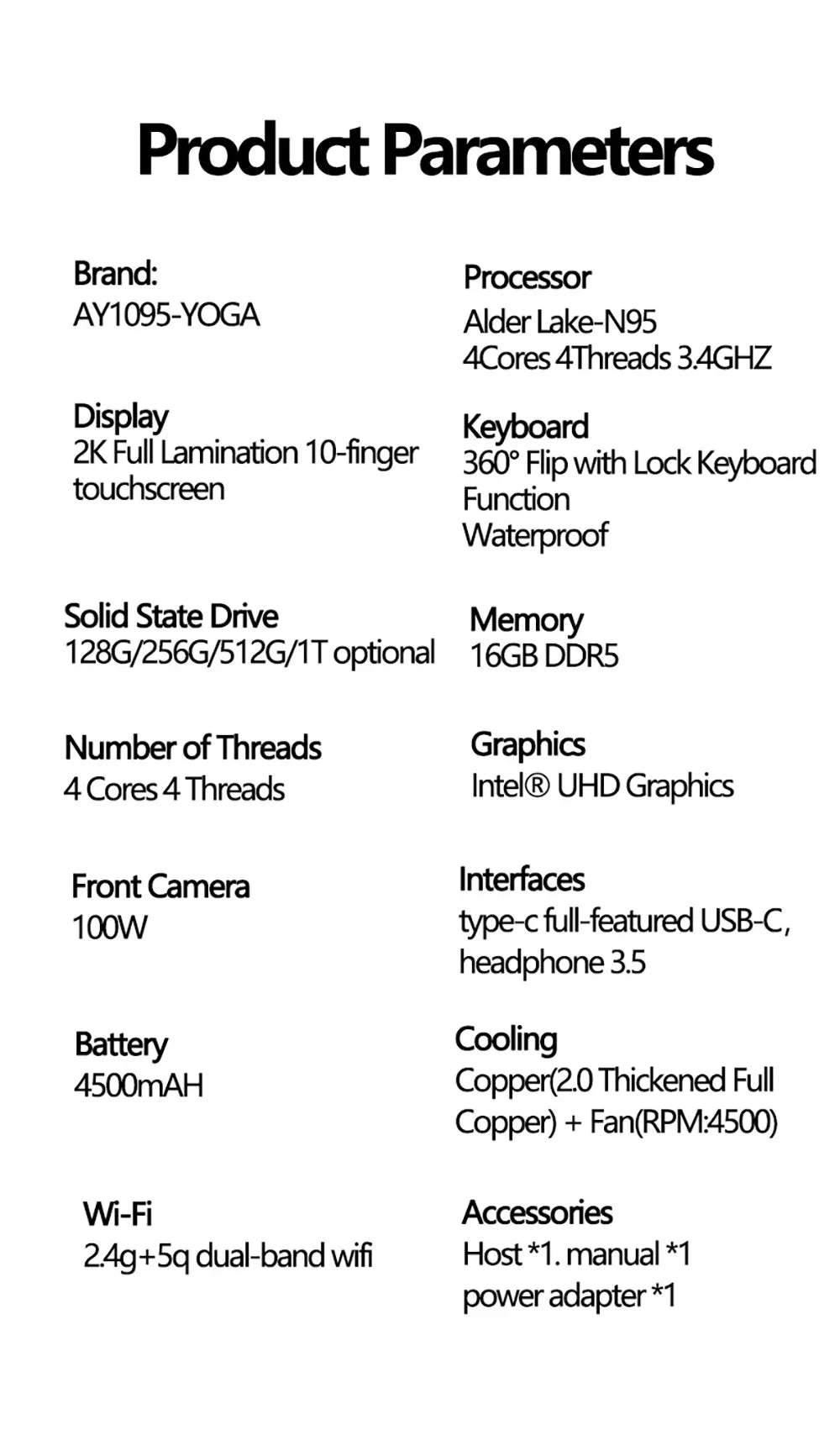 2-in-1 Touch Screen Tablet Laptop 10.9-inch 360° Flip Notebook Intel N95 16GB DDR5 2TB SSD HD Camera Backlit Keyboard Laptop