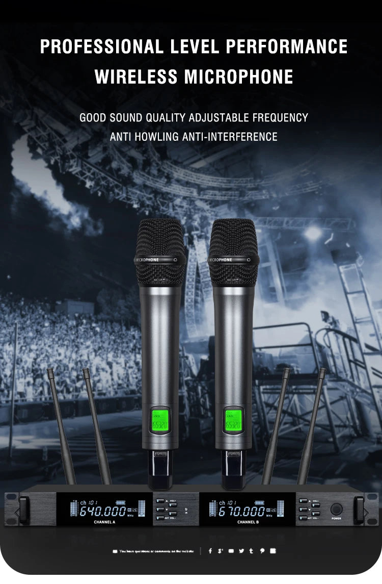UHF Professional Wireless Microphone 2-channel Metal Handheld  Karaoke Singing Stage Wedding Performance Conference Microphone
