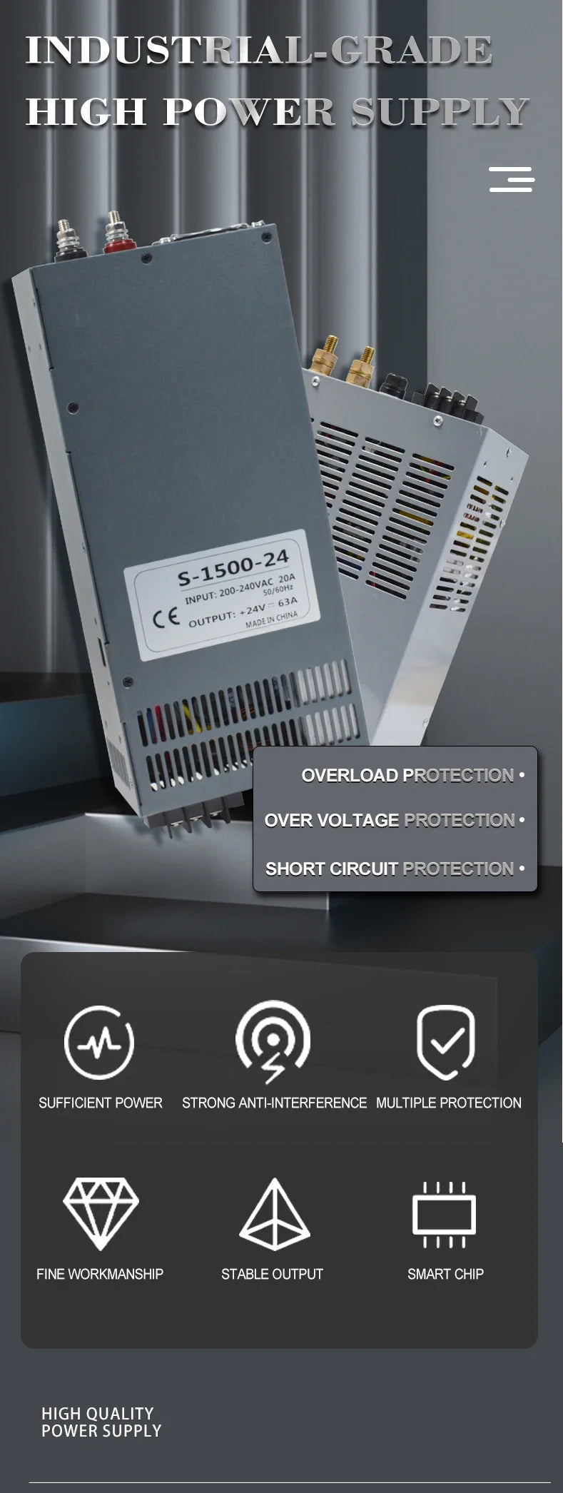 CHUX 1000W 1200W 1500W 2000W Industrial Switching Power Supply  Adjustable Dc  12V 24V 36V 48V 55V 110V 220V 300V 350V DC Smps