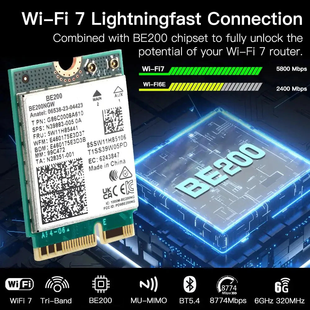 Wi-Fi 7 BE200 Bluetooth 5.4 Wifi Card 2.4/ 5/ 6 GHz 5.8 Gbps For Windows 11 PC Laptop