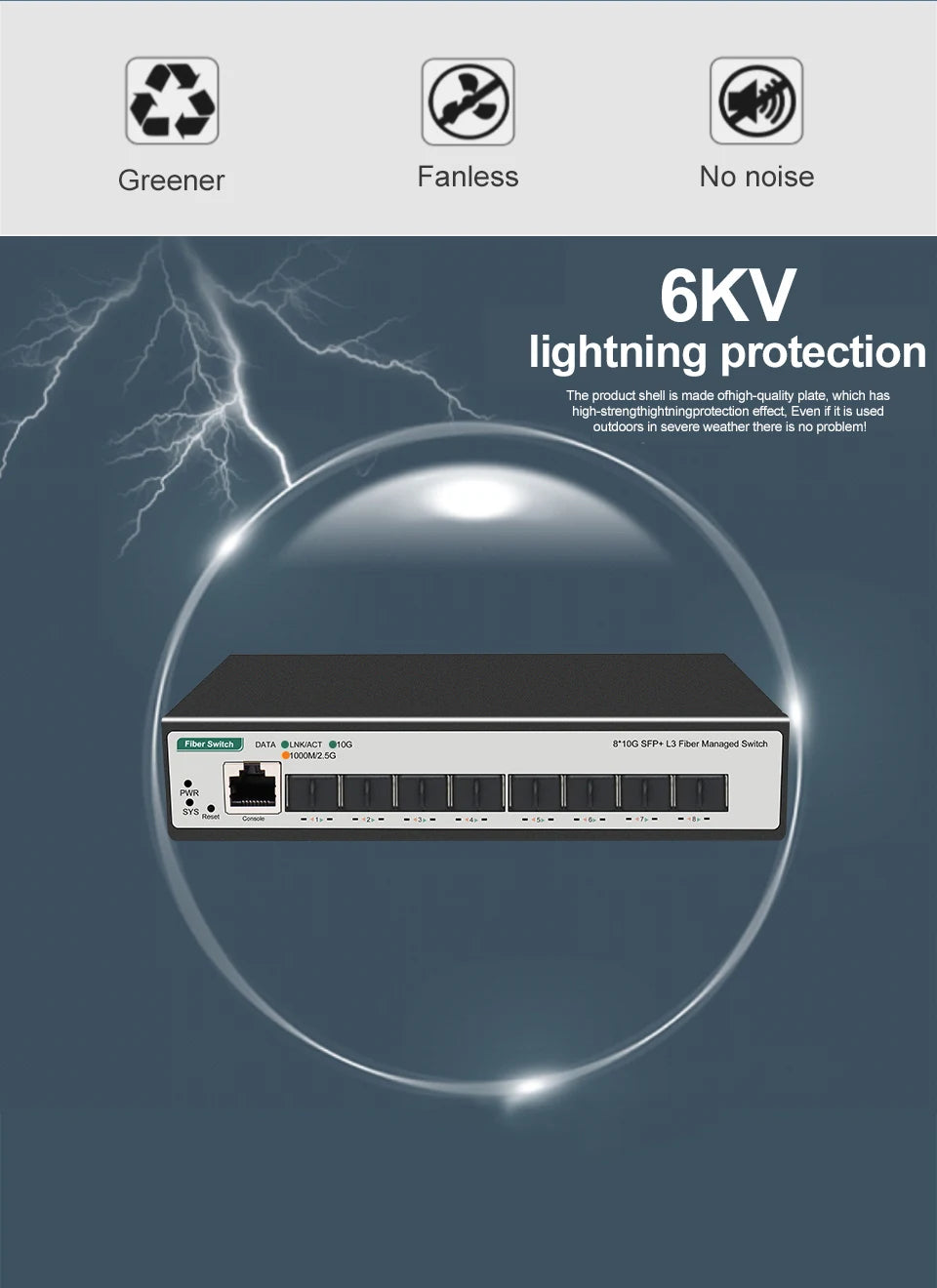 8 10-gigabit SFP+ Ports L3 Managed Network Switch Support DHCP and Dynamic Routing Support VLAN Division and Port Aggregation