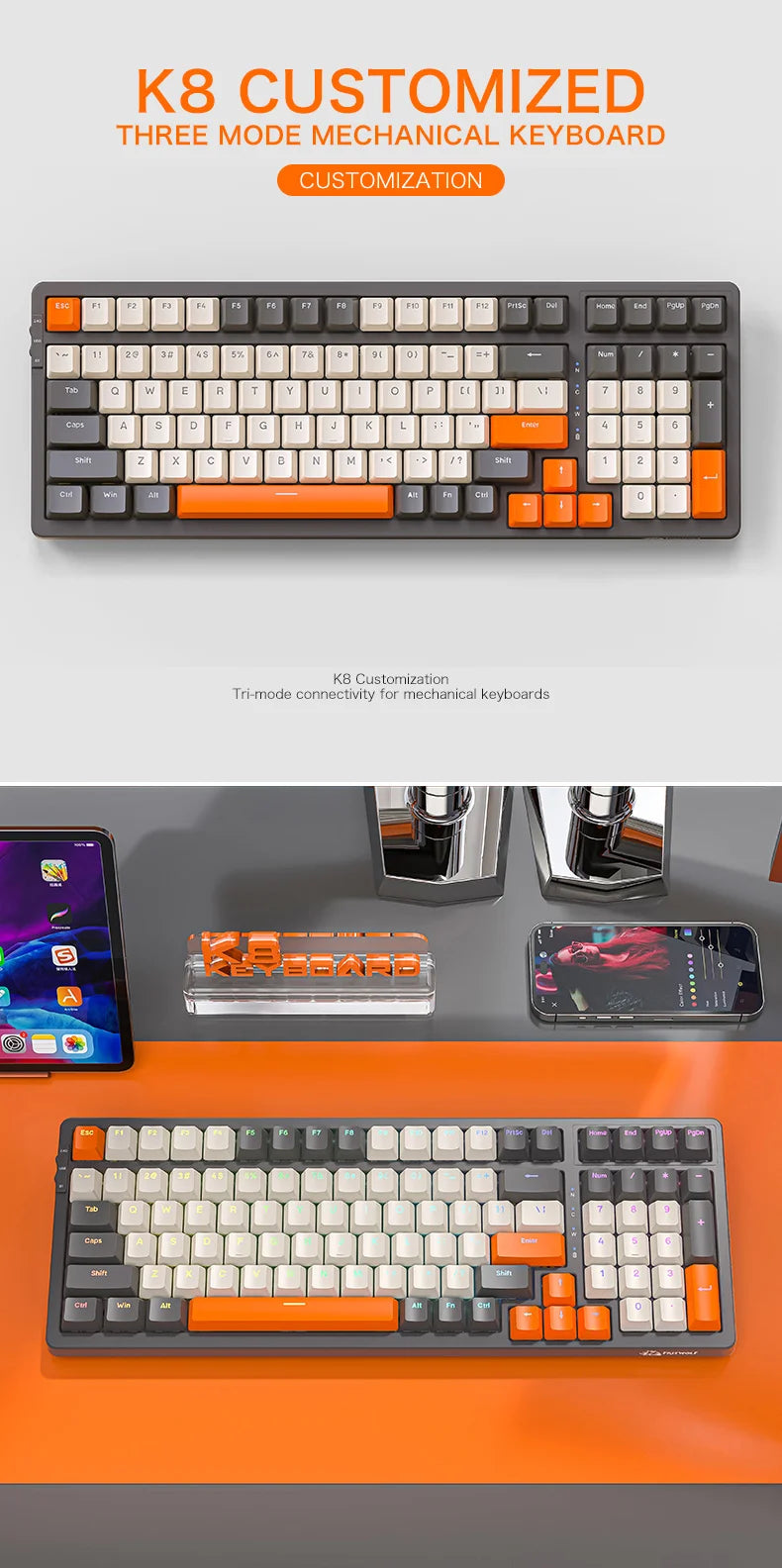 K8 100 Key Wireless Mechanical Keyboard Tri-mode Connection,Full Key Hot Swap,lighting Effects,Gasket Muffler Structure, Laptops
