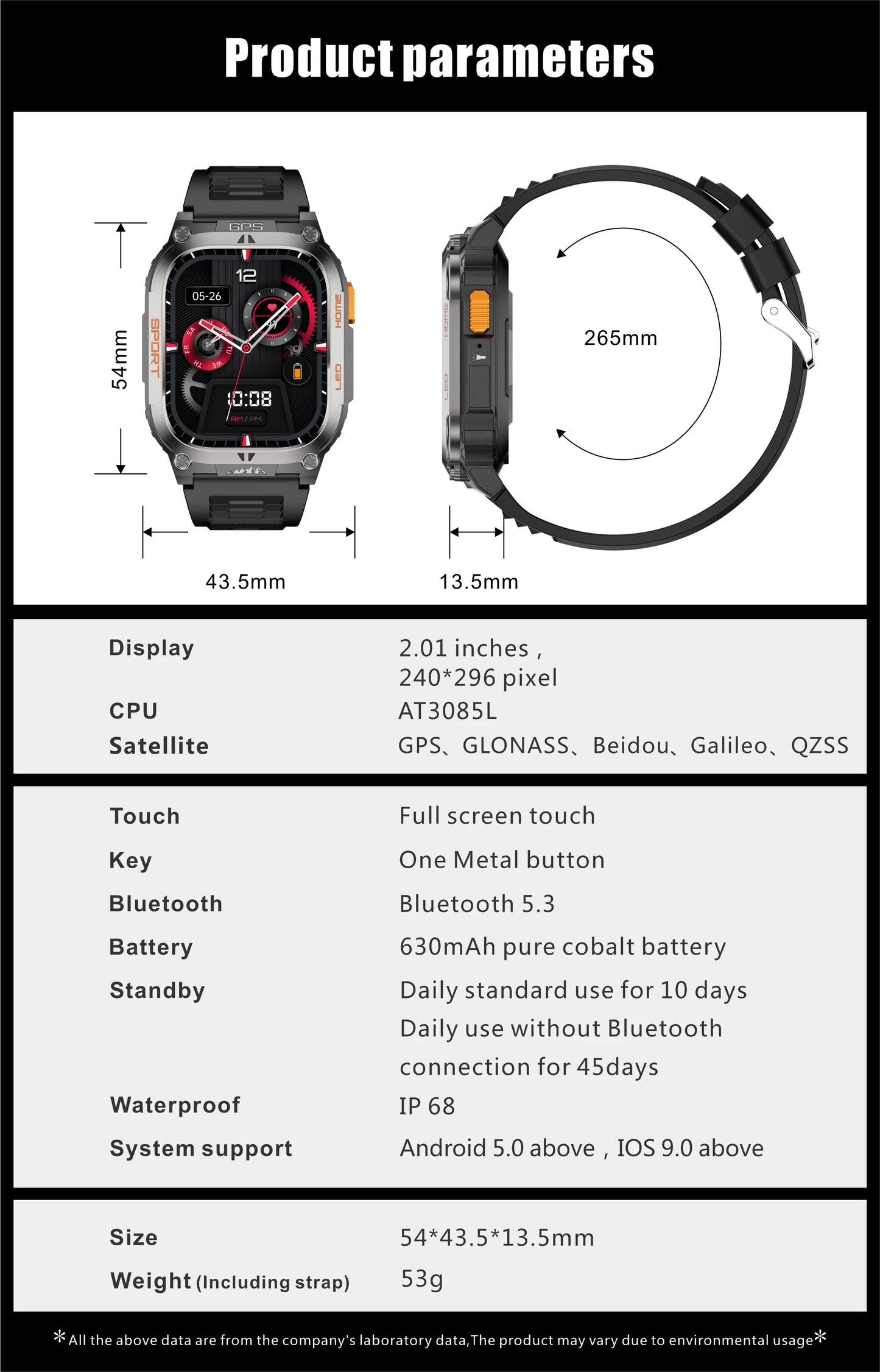 New GPS Tracking Smart Watch LED Flashlight 2.01inch HD Screen Compass BT Call Waterproof Sport Smartwatch For Android iOS