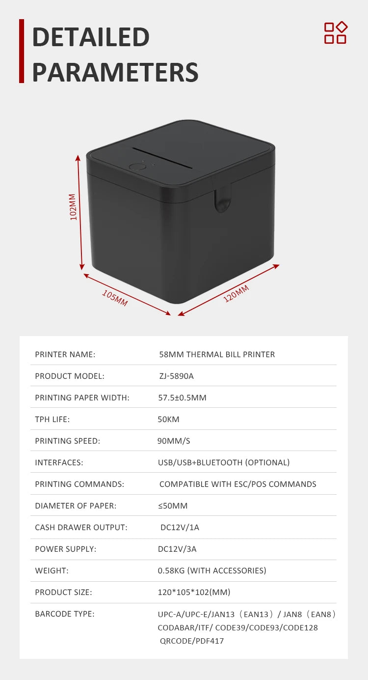 HZTZ 58mm Thermal Receipt Printer for Android iOS Windows system can be connected to cash registers Suitable for catering, super