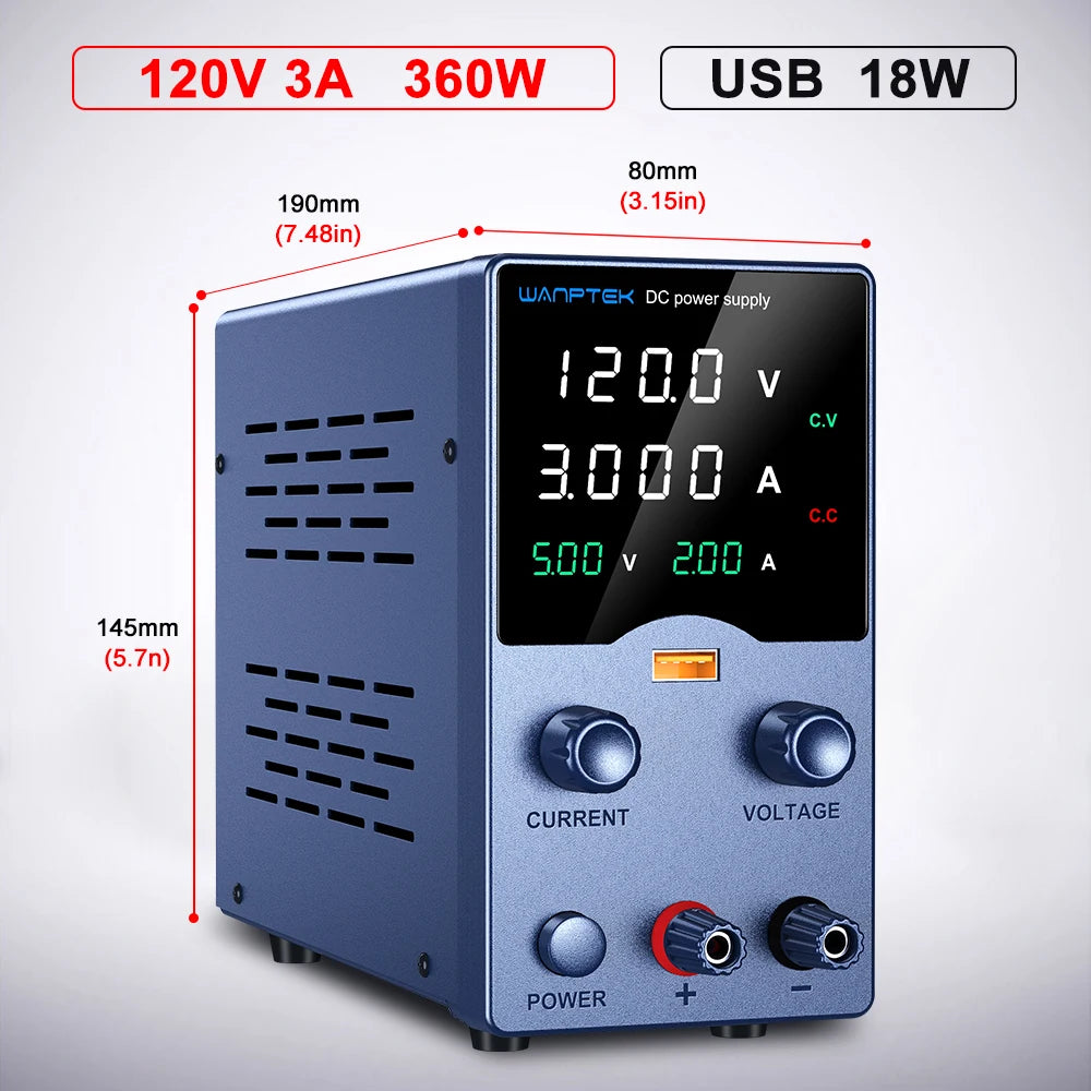 Wanptek DC Power Supply 30V 10A 60V 5A 120V 3A Adjustable Laboratory Power Supply with USB fast Charging Bench Power Supplies