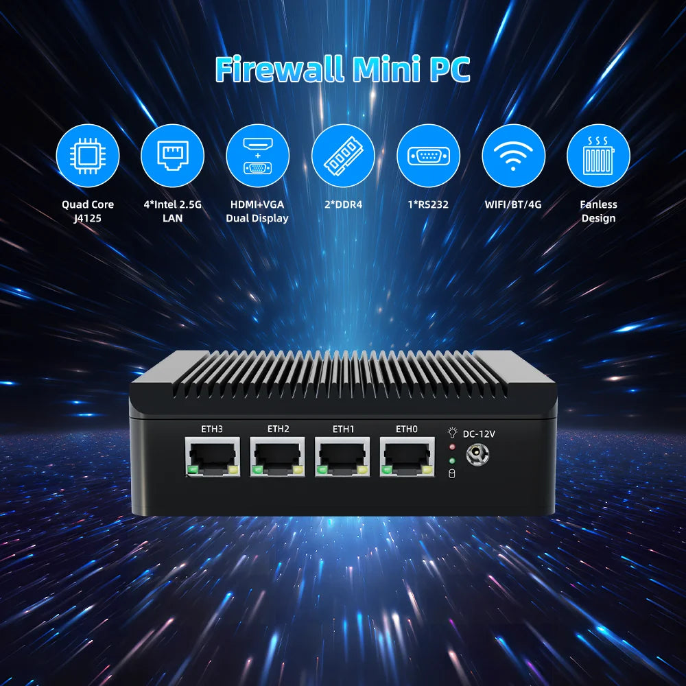Firewall Industrial Computer Mini pc Fanless Intel Celeron J4125 N5095 4x 2.5G Router LAN NVMe pfsense Firewall Gaming Mini PC
