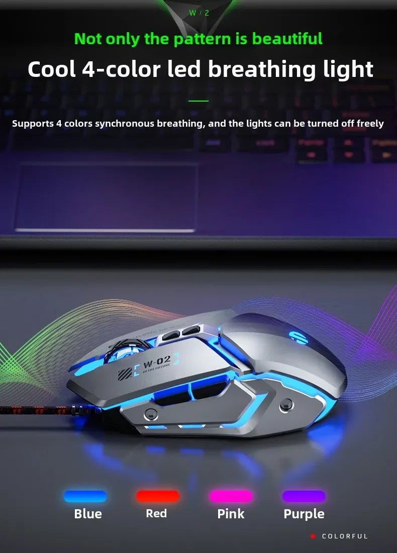 W2 USB Wired Gaming Mouse with Glowing Gamer Mechanical Metal Style Mice Suitable for PC Desktop Laptops Tablet Game Office