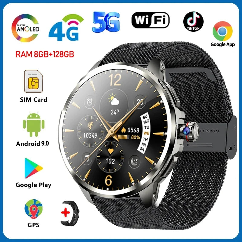 5G/4G Full Network Smart Watch 1.95 inch 720*720 Big Screen HD 8GB+128GB RAM Video Call Smartwatch Google Play WIFI GPS Sim Card