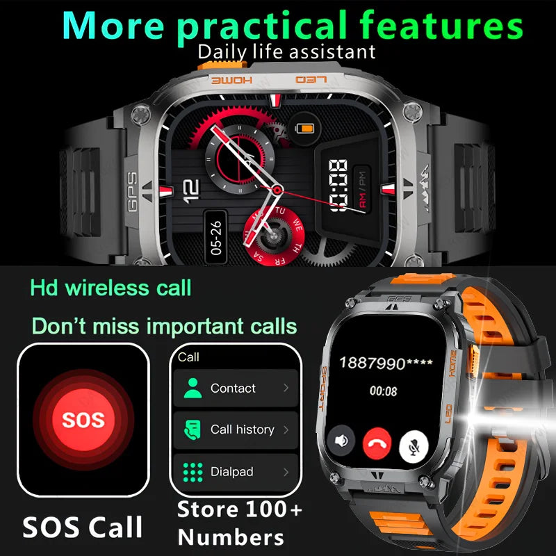 New GPS Tracking Smart Watch LED Flashlight 2.01inch HD Screen Compass BT Call Waterproof Sport Smartwatch For Android iOS