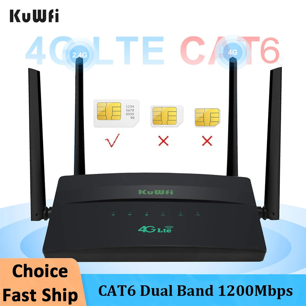 KuWFi 1200Mbps CAT6 Wifi Router Dual Band 2.4G&5G 4G Router Access Point CPE 4 Antenna Hotspot Network Adapter for IP Camera