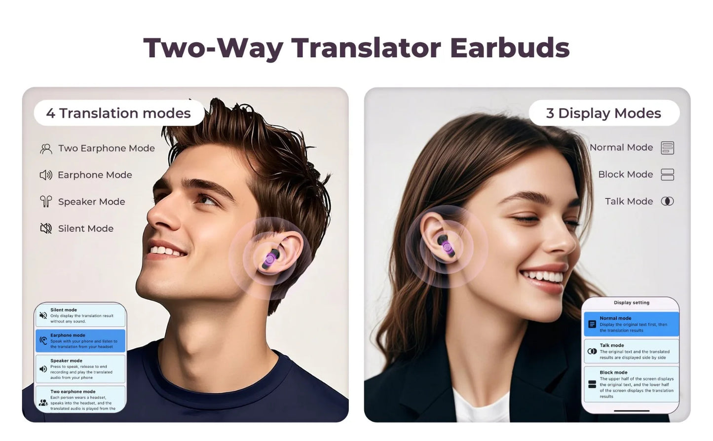 Touch Screen Translation Headphones 144 Languages Two-Way Real Time Translator Headsets Travel Business Bluetooth Earbuds