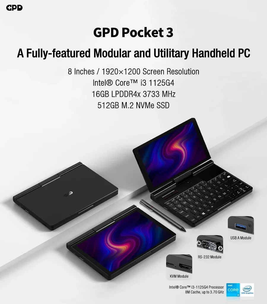 GPD Pocket 3 Intel i3 1125G4 RAM 16GB Memory 512GB SSD Hard Disk Windows 11 Home Portable Laptop Notebook Mini PC Touch Screen