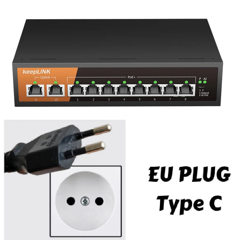 KeepLiNK 10-Port Gigabit Switch with 8-PoE and 2-RJ45 for Uplink Unmanaged Plug and Play