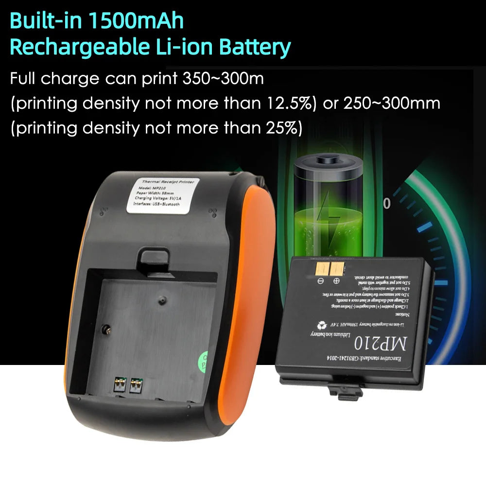 Portable Receipt Printer 58mm Mini Thermal Printing Wireless BT USB Mobile Printer 203dpi with 2 Inch Thermal Paper Roll