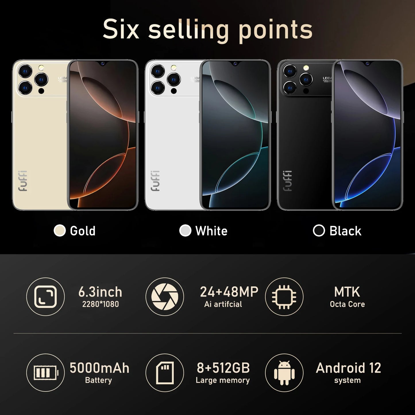 Global Vision 17 Pro Max Smartphone 5G Android 12 8GB RAM 512GB ROM 6.3 Inch Phone 2280x1080HD 24+48MP 4 5G Network Mobile Phone