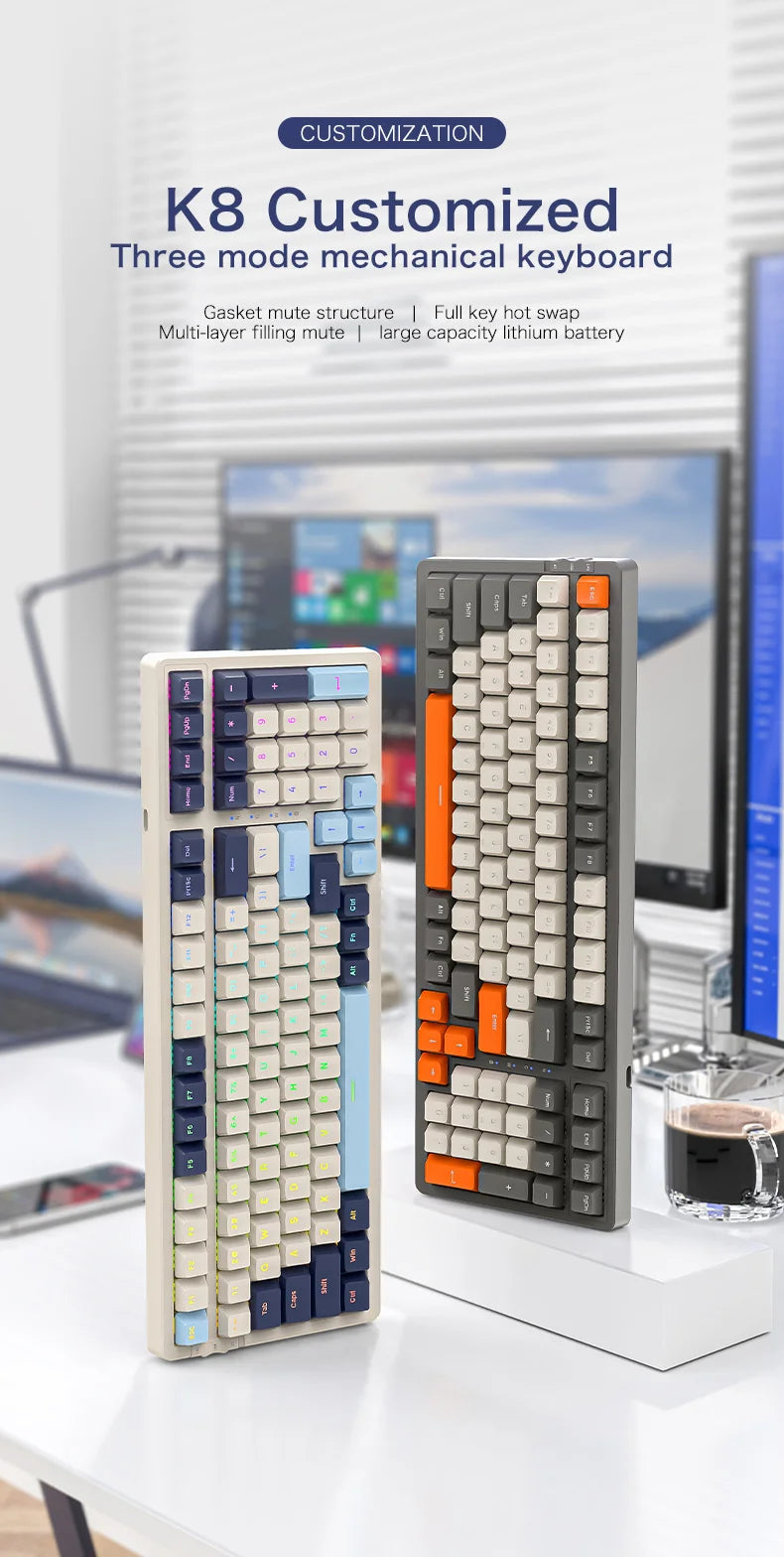K8 100 Key Wireless Mechanical Keyboard Tri-mode Connection,Full Key Hot Swap,lighting Effects,Gasket Muffler Structure, Laptops