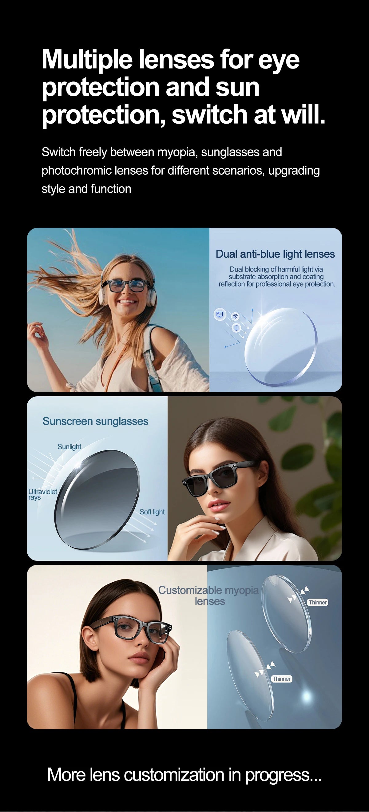 LIGE Smart Glasses 100W Pixel Camera Smart Glasses Camera Bluetooth Call Music Sunglasses AI Voice Assistant Video Sound Record