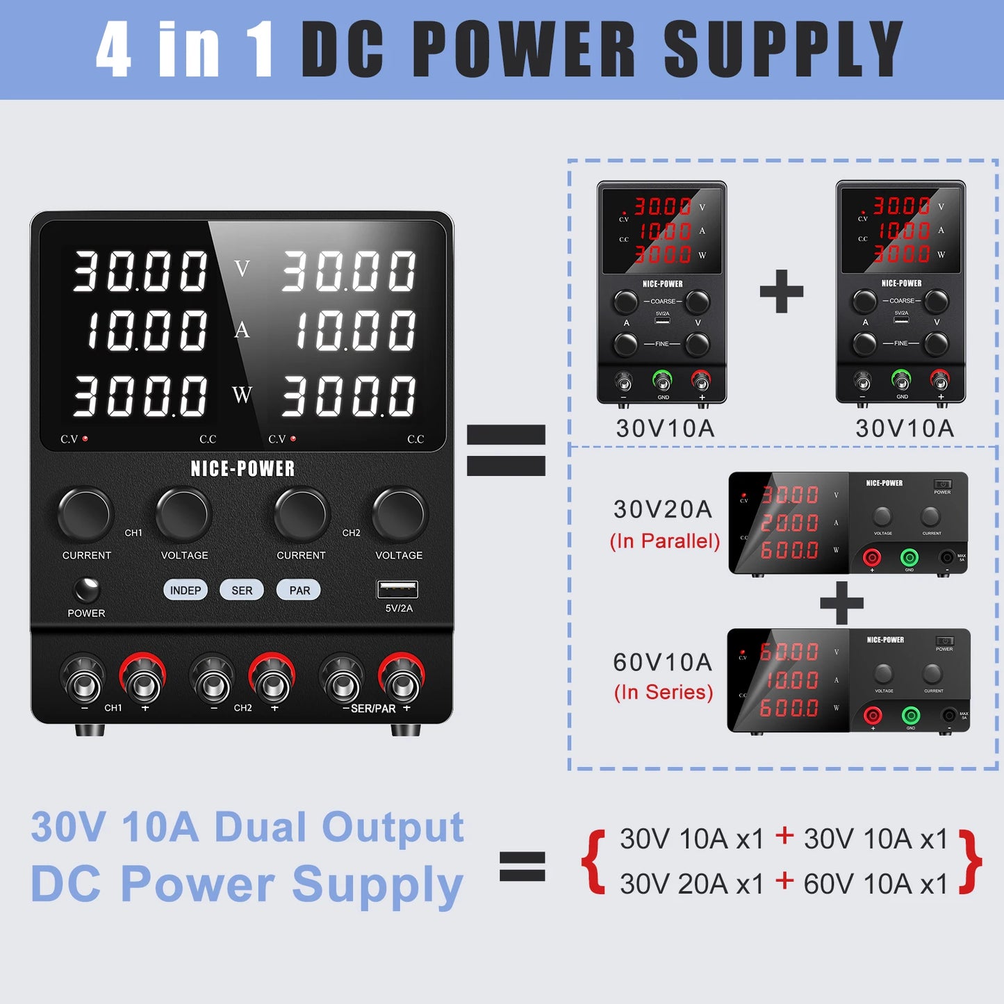30V 10A DC Power Supply Adjustable Digit Display Dual Channel Lab Power Supplies Voltage Regulator Multiple Output 120V3A 60V5A