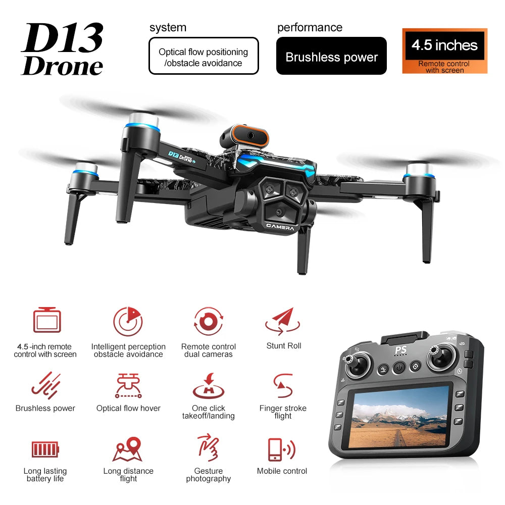 New D13 Drone 4K Professional Three HD Camera with Large Screen 5G WIFI FPV Dron Brushless Optical Flow Hover Folding Quadcopter