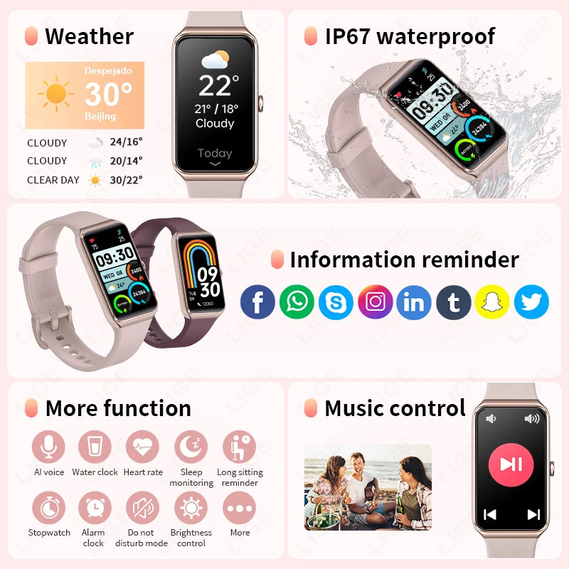LIGE New 1.47” HD Smart Watch Women's Sports Fitness Bracelet Thermometer Health Monitor Waterproof Women Smartwatch for Xiaomi