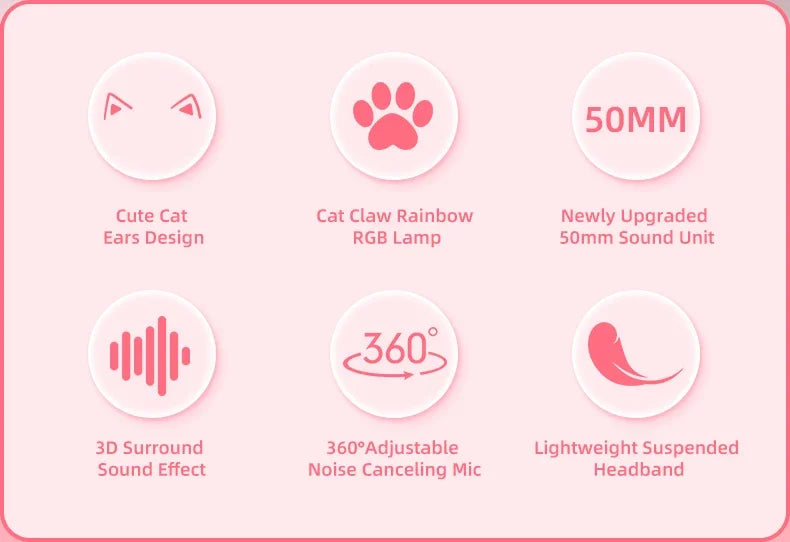 Cat Ears Headphones with Microphone For PS5 HiFi Stereo Bass Headset Gamer Girls RGB Black Pink Helmet for PC Laptop Phone Xbox
