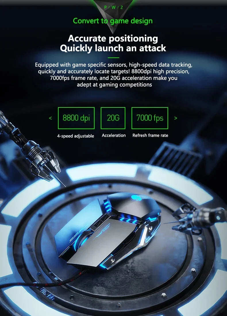 W2 USB Wired Gaming Mouse with Glowing Gamer Mechanical Metal Style Mice Suitable for PC Desktop Laptops Tablet Game Office