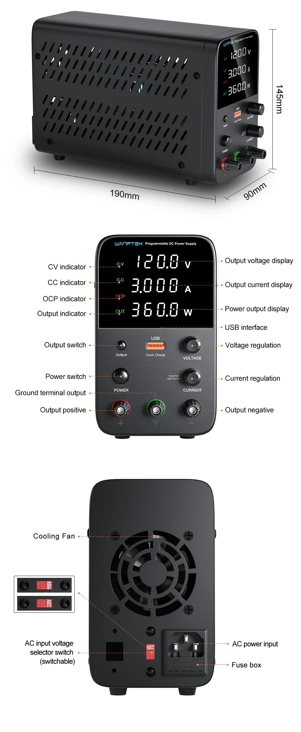 Wanptek DC Power Supply 30V 10A 5A Variable Bench Power Supply Adjustable Lab Power Supply 60V 5A 120V 3A  Voltage Regulator