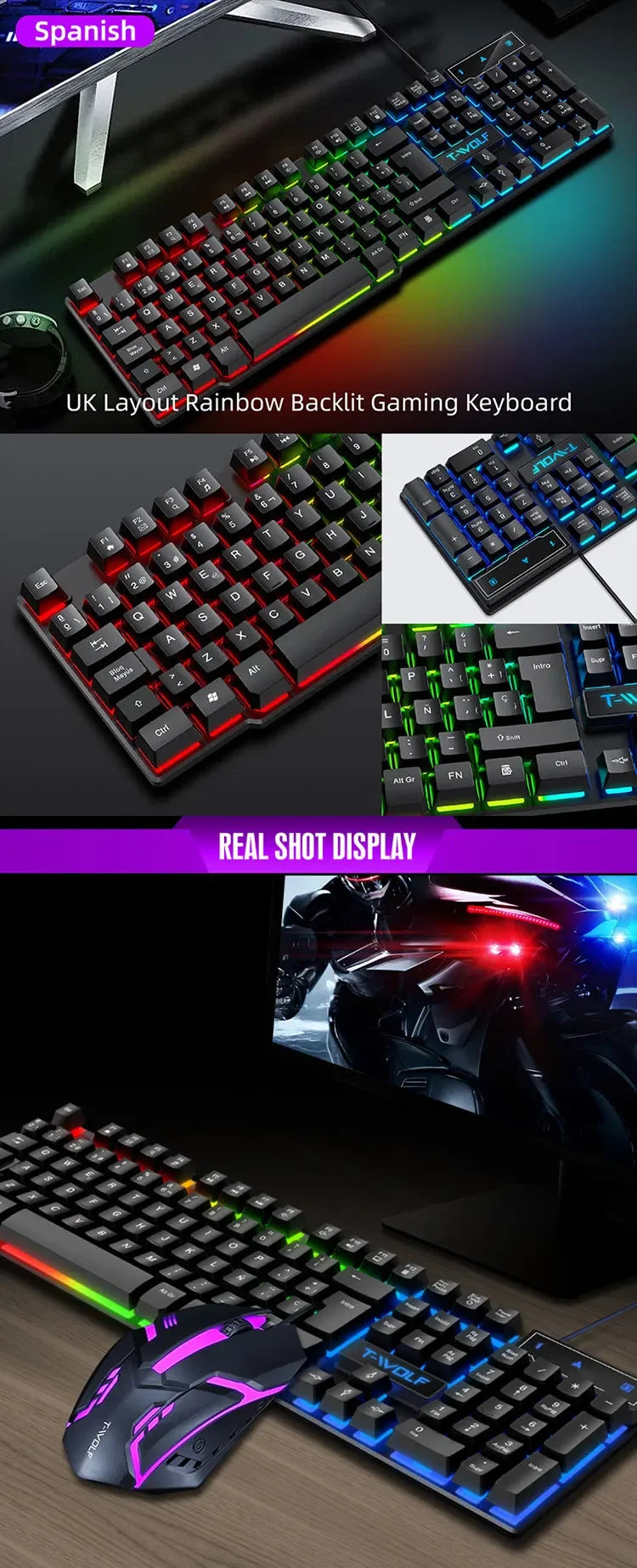 T20 Wired Keyboard Mouse Set 104 Keys RGB Blacklight Multi-function Shortcut USB Wired Gaming Keyboard English Russian Spanish