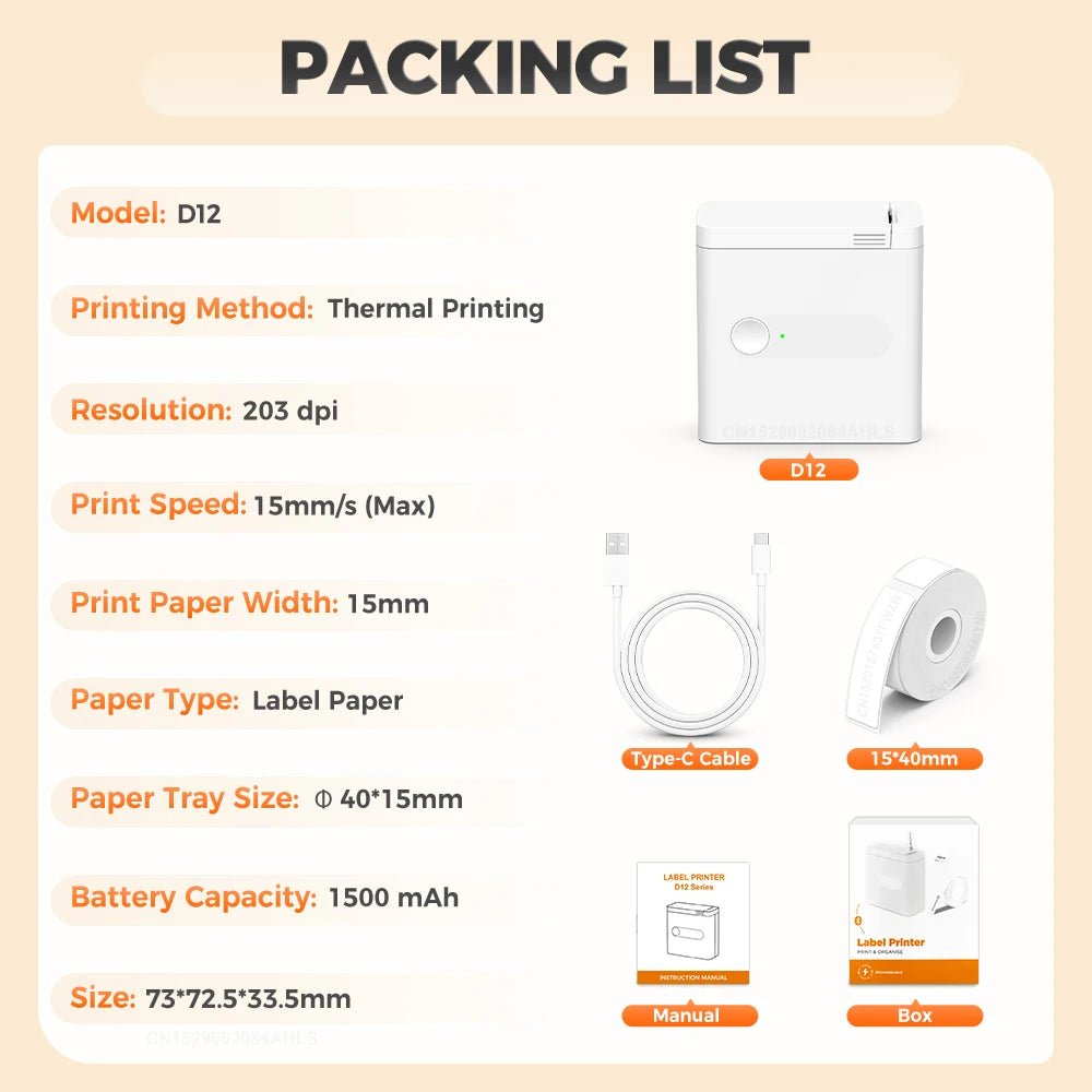 Portable Mini Label Printer D12 Bluetooth Inkless Thermal Printer Connect Phone Edit Printing Self Adhesive Sticker Labeller