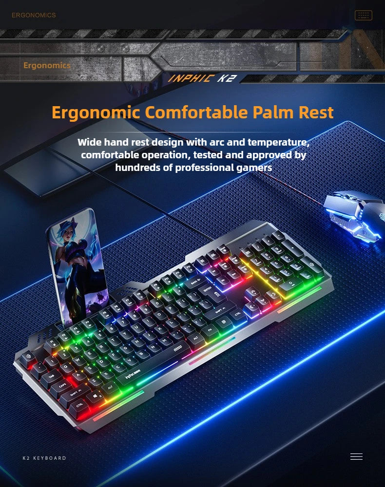 K2 Wired Keyboard Mouse Set Metal Panel RGB Backlight Waterproof Ergonomic Multimedia Buttons 104 Keys Keyboard for Game Office