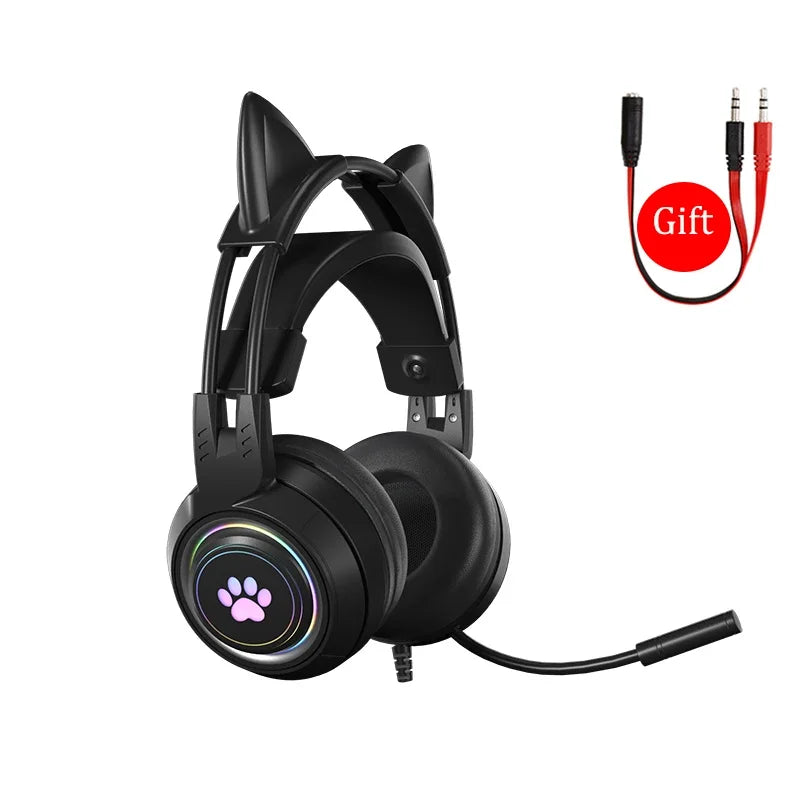 Cat Ears Headphones with Microphone For PS5 HiFi Stereo Bass Headset Gamer Girls RGB Black Pink Helmet for PC Laptop Phone Xbox