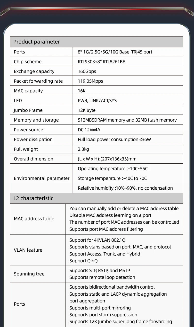 XikeStor 8-Port 10G RJ45 L3 Managed  with Fan Support 1G/2.5G/10G DHCP/VLAN/Port Aggregation/Routing Function