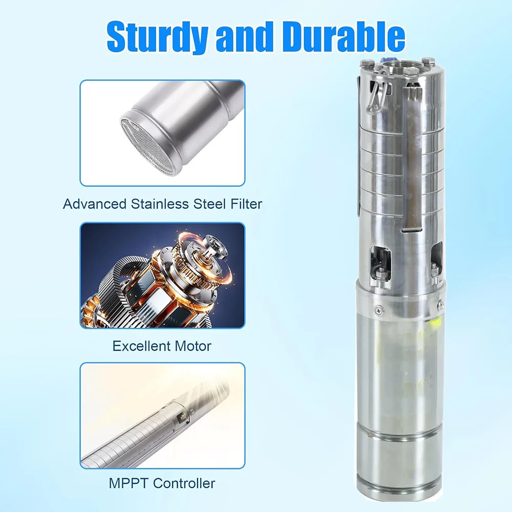 600W DC48V Solar Deep Well Pump with MPPT Controller 100% Stainless Steel Impeller Solar PV Submersible Pump 4"MaxFlow 7m³/H 40M