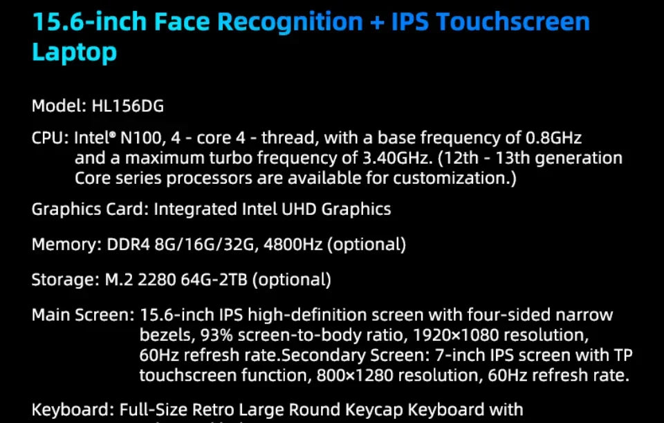 CARBAYTA 15.6"+7" Dual Screen Laptop Computer, Intel N95 32GB/16GB DDR4 RAM, RGB Backlit Keyboard 7" Touch Screen Notebook PC