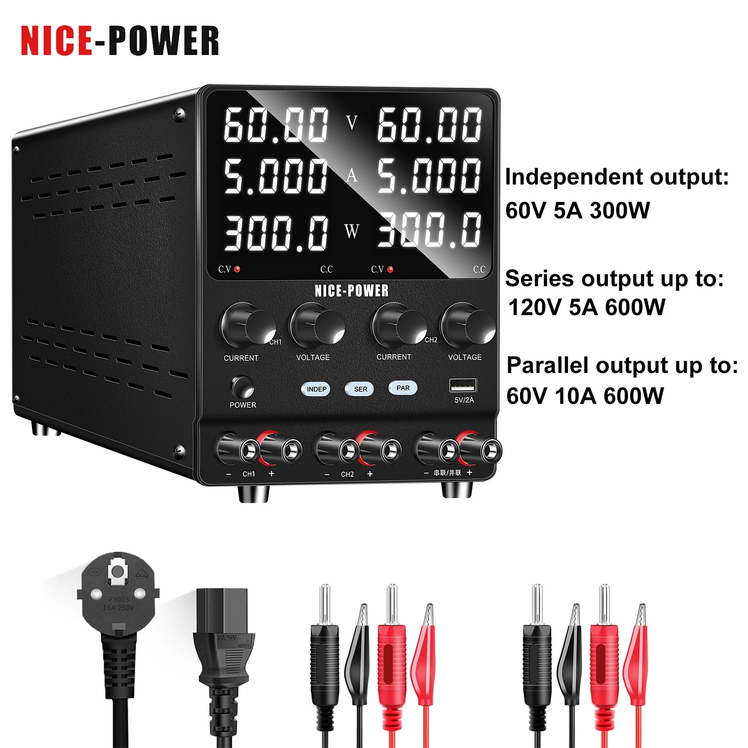 30V 10A DC Power Supply Adjustable Digit Display Dual Channel Lab Power Supplies Voltage Regulator Multiple Output 120V3A 60V5A