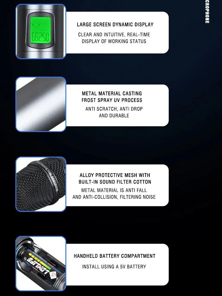 UHF Professional Wireless Microphone 2-channel Metal Handheld  Karaoke Singing Stage Wedding Performance Conference Microphone