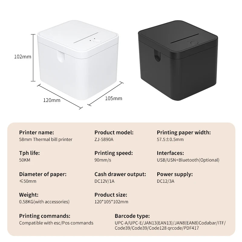 HZTZ 58mm Thermal Receipt Printer for Android iOS Windows system can be connected to cash registers Suitable for catering, super