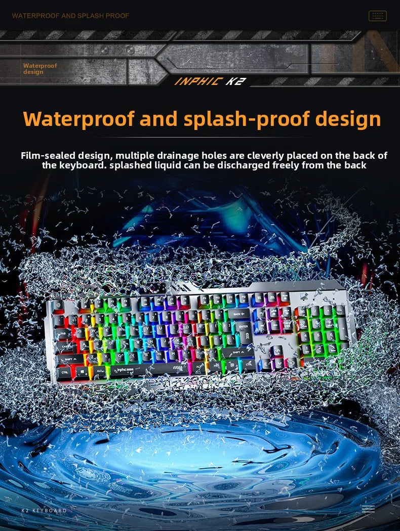 K2 Wired Keyboard Mouse Set Metal Panel RGB Backlight Waterproof Ergonomic Multimedia Buttons 104 Keys Keyboard for Game Office