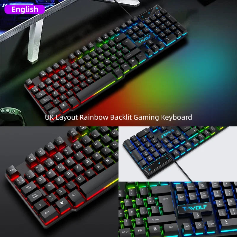 T20 Wired Keyboard Mouse Set 104 Keys RGB Blacklight Multi-function Shortcut USB Wired Gaming Keyboard English Russian Spanish