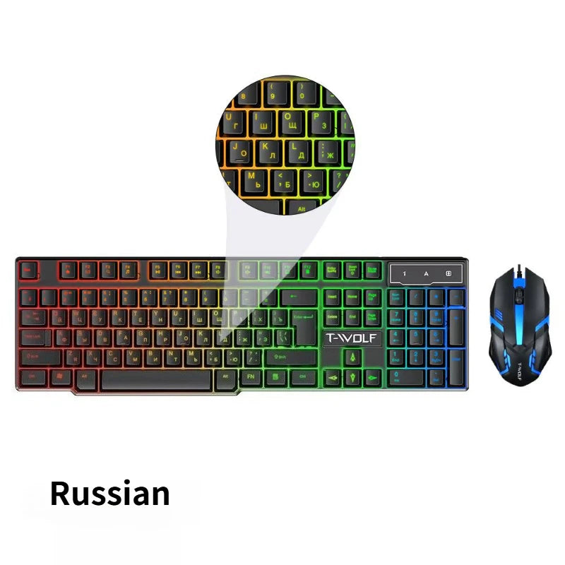 T20 Wired Keyboard Mouse Set 104 Keys RGB Blacklight Multi-function Shortcut USB Wired Gaming Keyboard English Russian Spanish