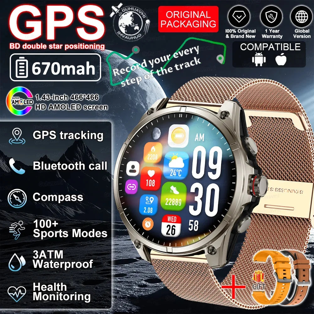 New GUHAUVMI GPS 670mAh Large Battery Durable Adult Smart Watch GPS Compass Altimeter Waterproof BT Call Sports Smartwatch Men