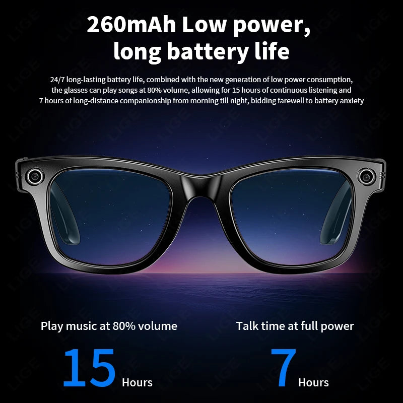 LIGE Smart Glasses 100W Pixel Camera Smart Glasses Camera Bluetooth Call Music Sunglasses AI Voice Assistant Video Sound Record