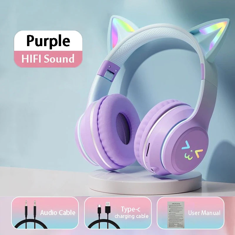wireless Headphones RGB cute cat ear Bluetooth Earphones with microphone Stereo Music Game Earphone Girls Kids Gifts For XiaoMi