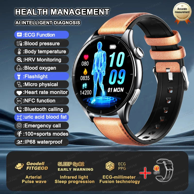 2025 New NFC  Health MonitorUric Acid Blood Pressure Blood oxygen Body Analysis Smart Watch ECG+PPG Clock Smartwatch Men lady