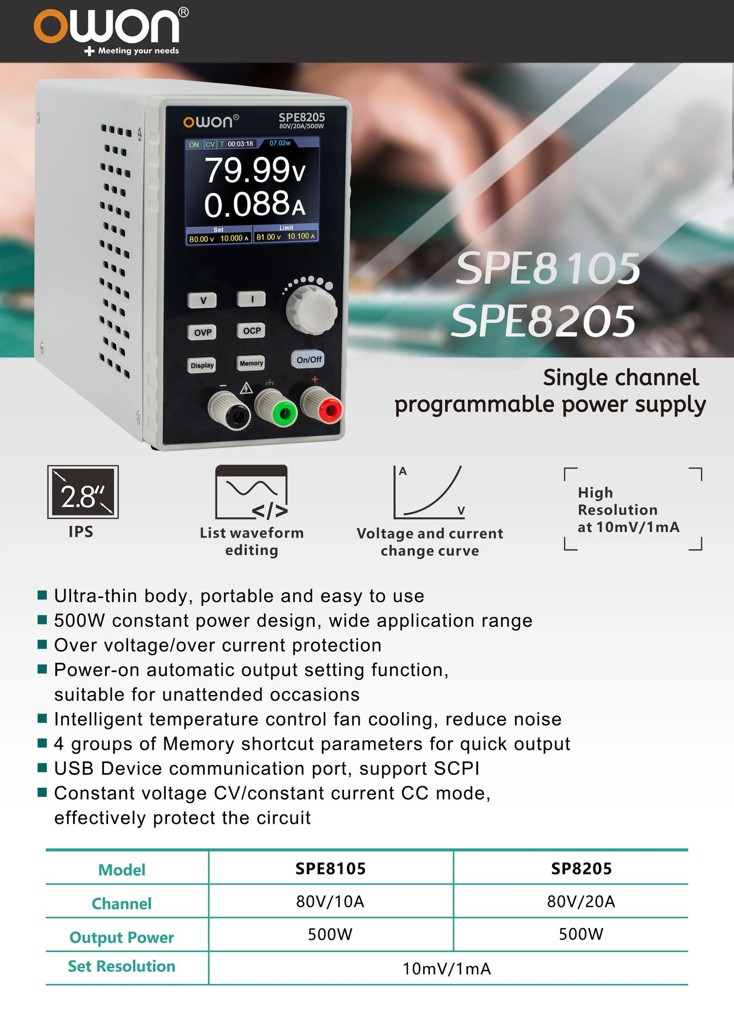 OWON SPE8205 SPE8105 Programmable DC Power Supply, 80V 10/20A 500W Portable Laboratory Power Supply List Waveform Editing Output