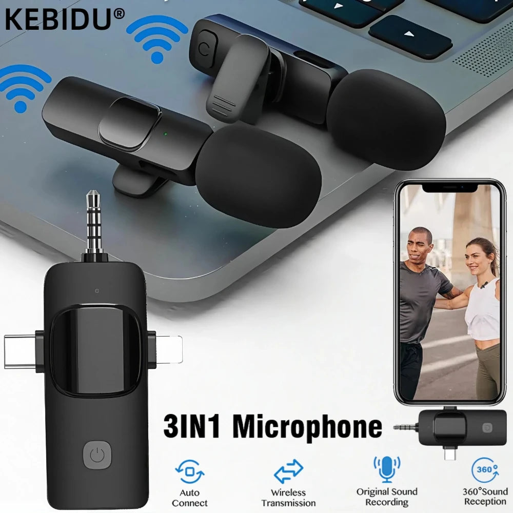 3 In 1 Wireless Lavalier Microphone for Android 3.5mm for radio Live Recording Noise Reduction Professional Mini Microph
