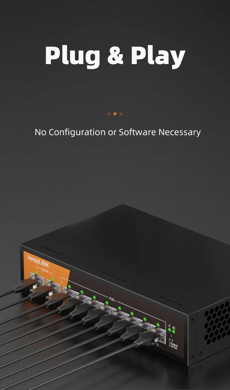 KeepLiNK 10-Port Gigabit Switch with 8-PoE and 2-RJ45 for Uplink Unmanaged Plug and Play