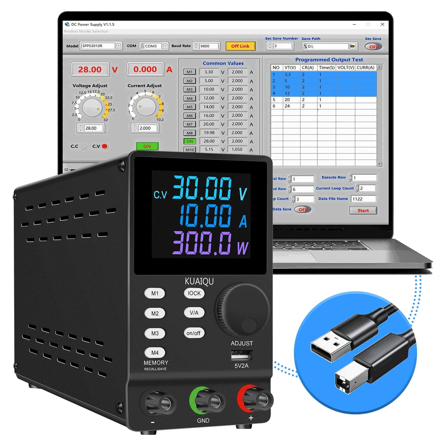 30V10A Programmable DC Power Supply Adjustable Bench Power Supply,M1-M4 Storage, Fast Output, Preset Voltage Current,60V 120V